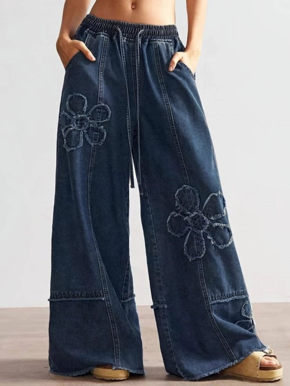 ROS - 100 Blue Frayed Flower Patch Wide Leg Drawstring Jeans - BOHO